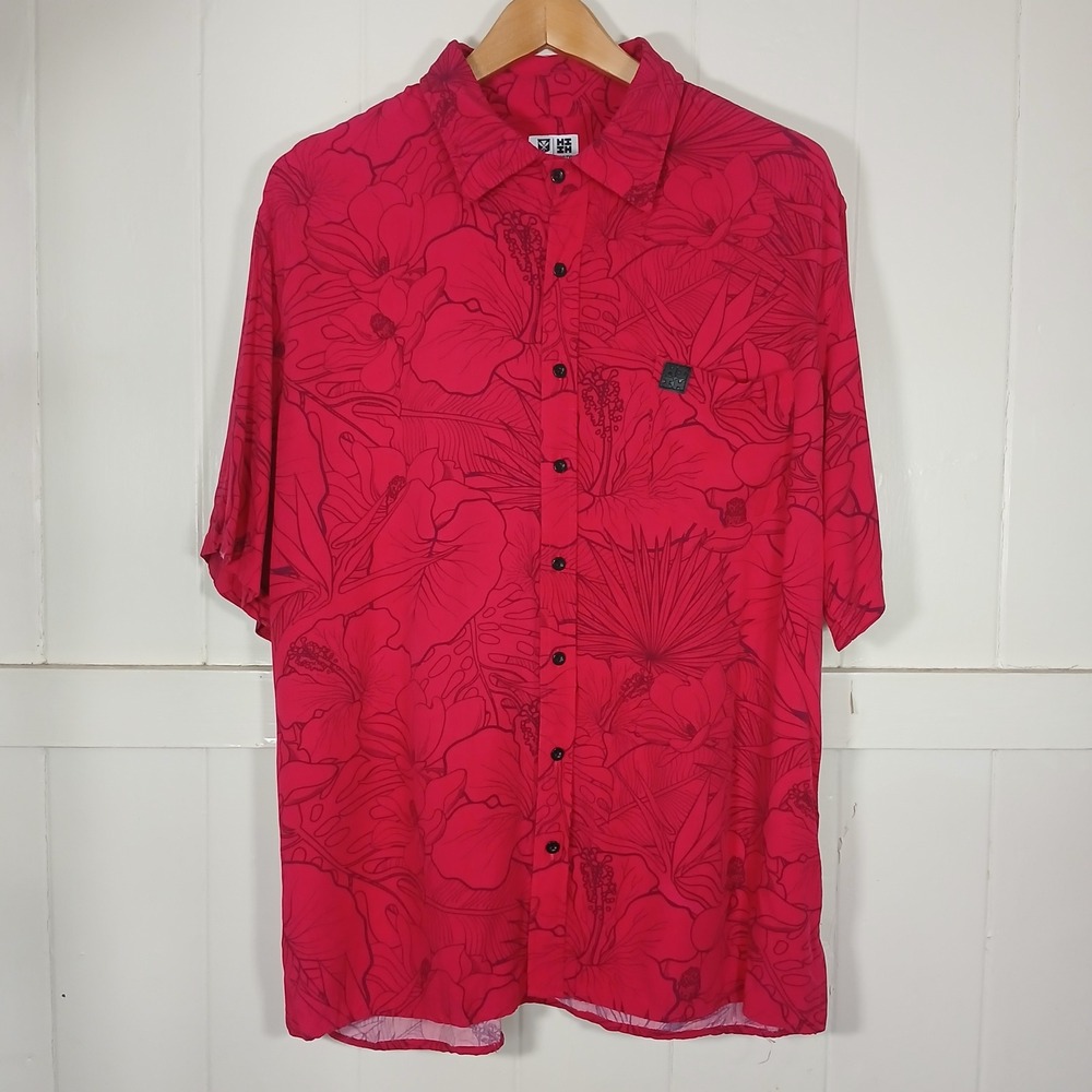 HI Finest Button Down Shirt Mens L Red Hibiscus Tropical Rayon 2019 Collection